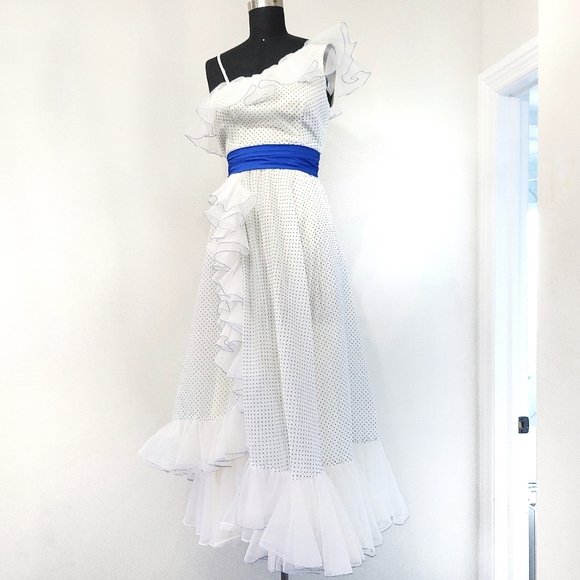 Vintage Bridgerton Maxamilist Swiss Dot Assymetric Ruffle Maxi Dress - Picture 8 of 14